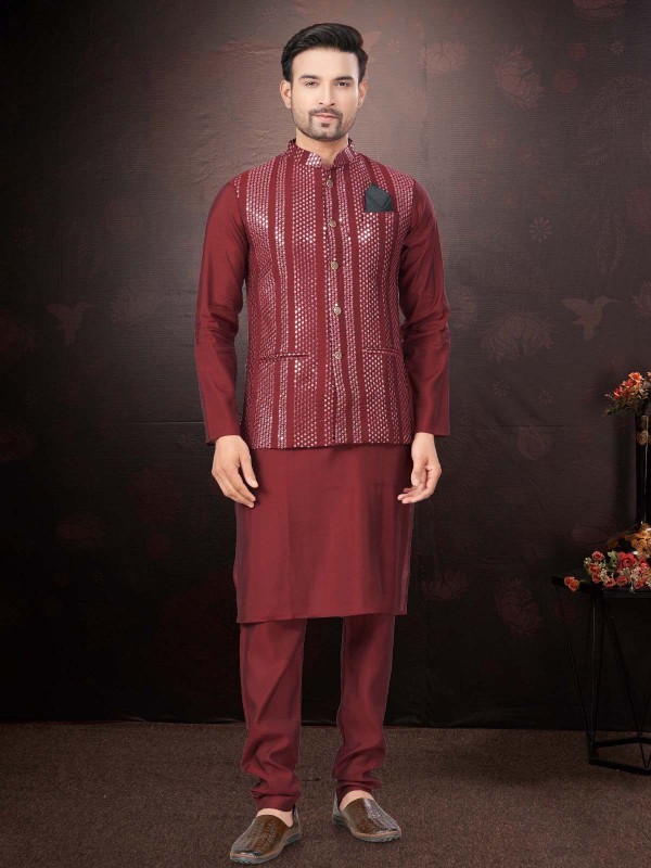 Maroon Pure SIlk Readymade Kurta Pajama With Jacket